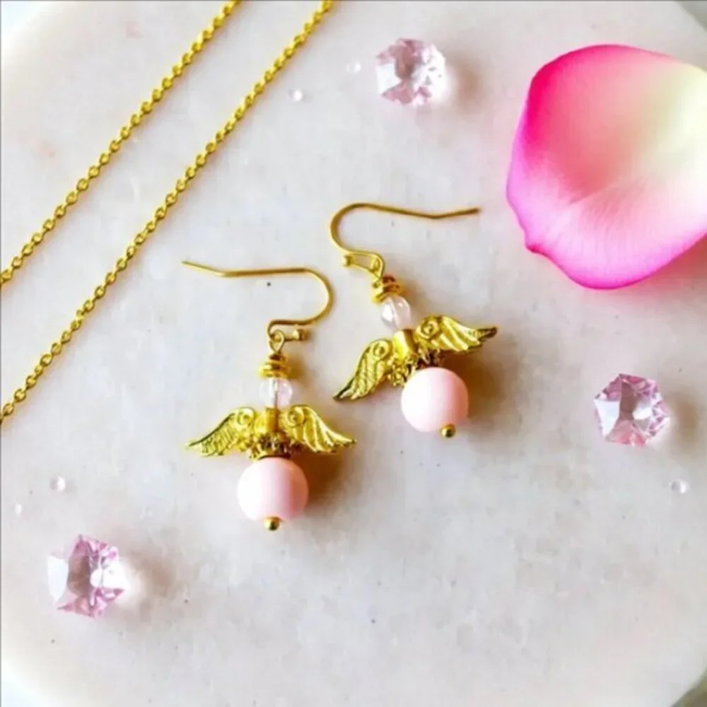 Guardian Angel Earrings! Gold & Pink Angels Wings!
